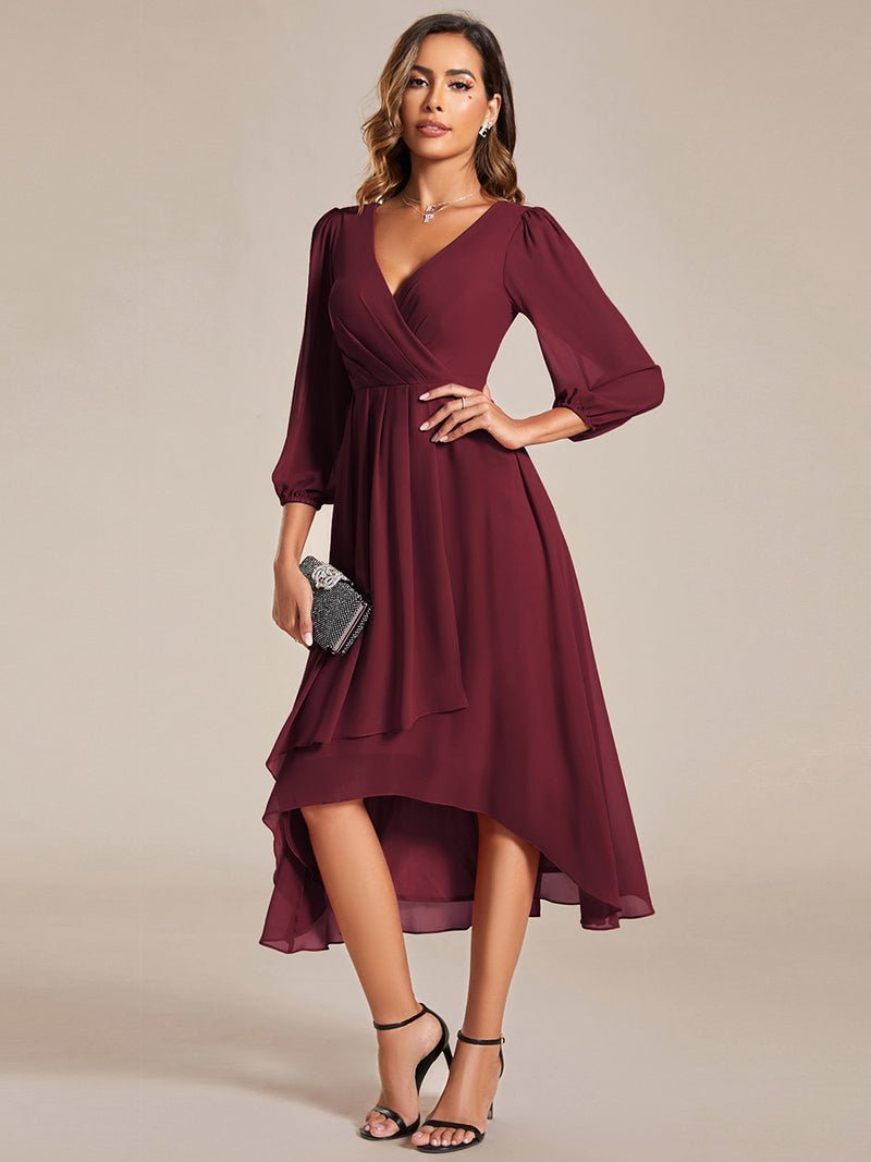 Tammy long sleeved burgundy midi high low dress s14 Express NZ wide - Bay Bridal and Ball Gowns