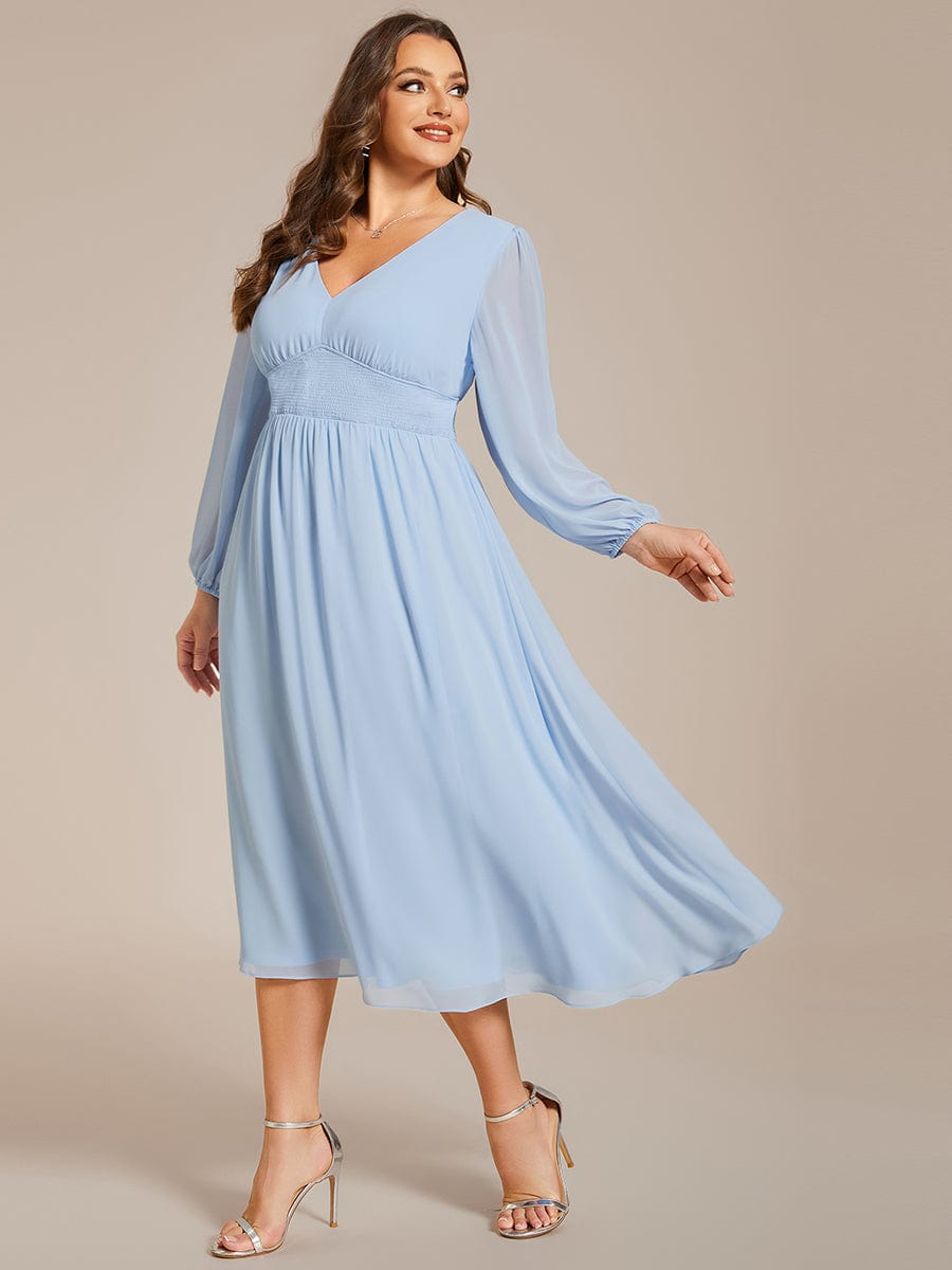 Tari knee length regular and plus size long sleeve chiffon dress - Bay Bridal and Ball Gowns