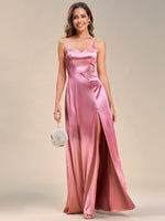 Teena side split satin ball dress in dusky rose Express NZ wide - Bay Bridal and Ball Gowns