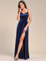 Teena side split satin ball dress in navy Express NZ wide - Bay Bridal and Ball Gowns