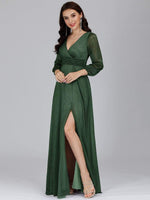 Teresa ever green sleeved v neck evening dress s20 Express NZ wide - Bay Bridal and Ball Gowns