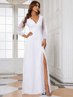 Teresa sleeved v neck with side split wedding dress in white s16 Express nz wide - Bay Bridal and Ball Gowns