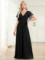 Tia split sleeve full length black chiffon gown Express NZ wide - Bay Bridal and Ball Gowns