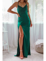 Tinsel thin strap satin cross back Emerald ball dress Express NZ wide - Bay Bridal and Ball Gowns