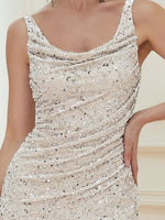 Tulasi cowl neck sequin ball dress with side split - Bay Bridal and Ball Gowns