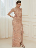 Tulasi cowl neck sequin ball dress with side split - Bay Bridal and Ball Gowns