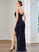 Tulasi cowl neck sequin ball dress with side split in navy s8 Express NZ wide - Bay Bridal and Ball Gowns
