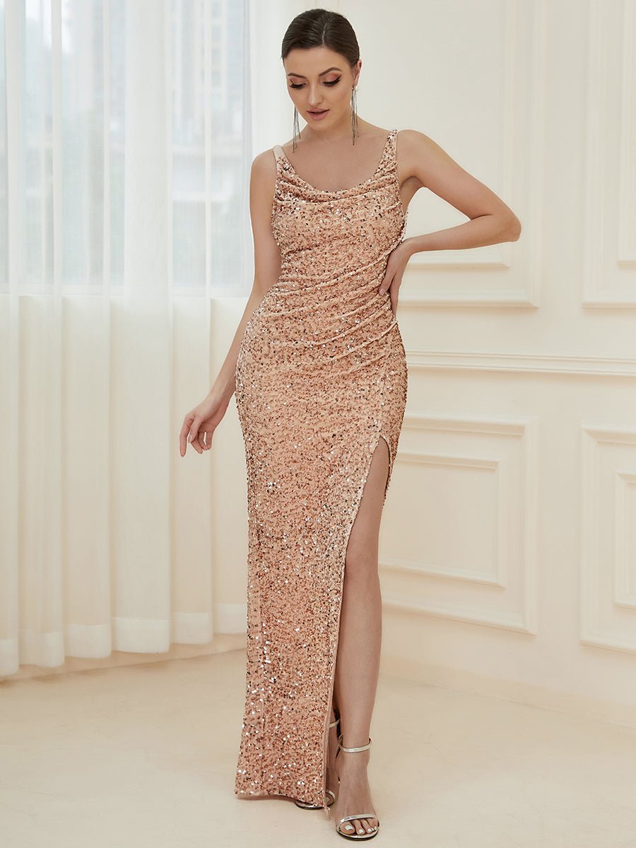 Tulasi cowl neck sequin ball dress with side split in rose gold s10 Express NZ wide - Bay Bridal and Ball Gowns