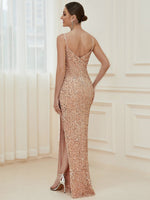 Tulasi cowl neck sequin ball dress with side split in rose gold s10 Express NZ wide - Bay Bridal and Ball Gowns