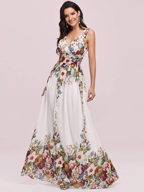 Veda floral printed classic party dress in ivory - Bay Bridal and Ball Gowns