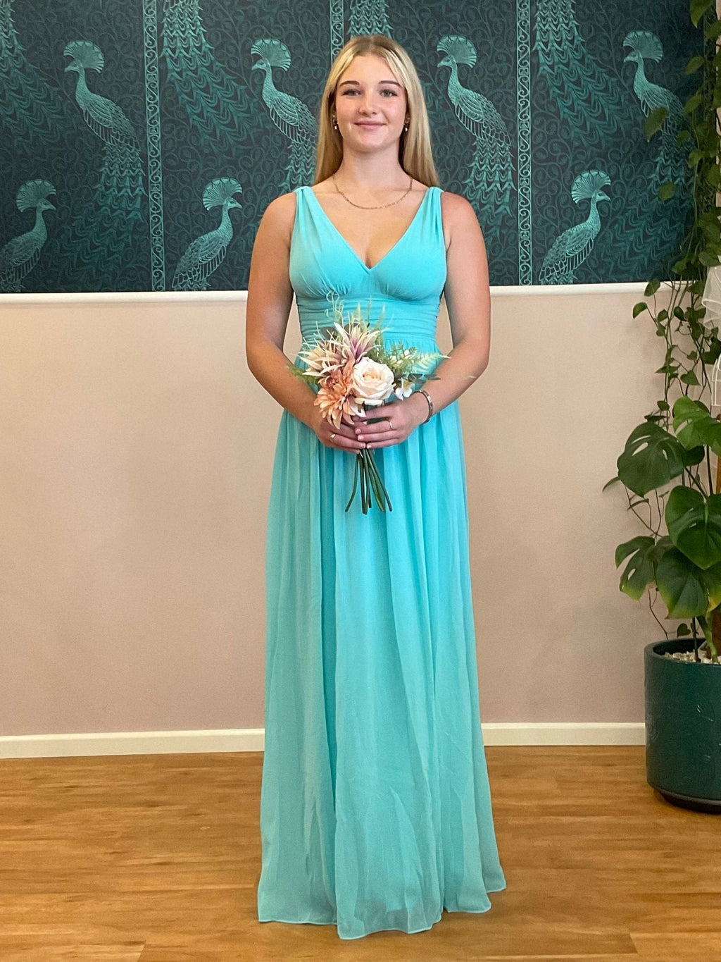 Veda full length classic chiffon bridesmaid dress in aqua Express NZ wide! - Bay Bridal and Ball Gowns