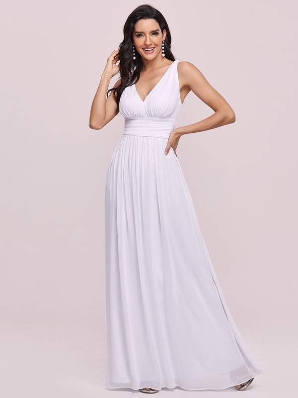 Veda V neck and back classic chiffon wedding dress in white - Bay Bridal and Ball Gowns