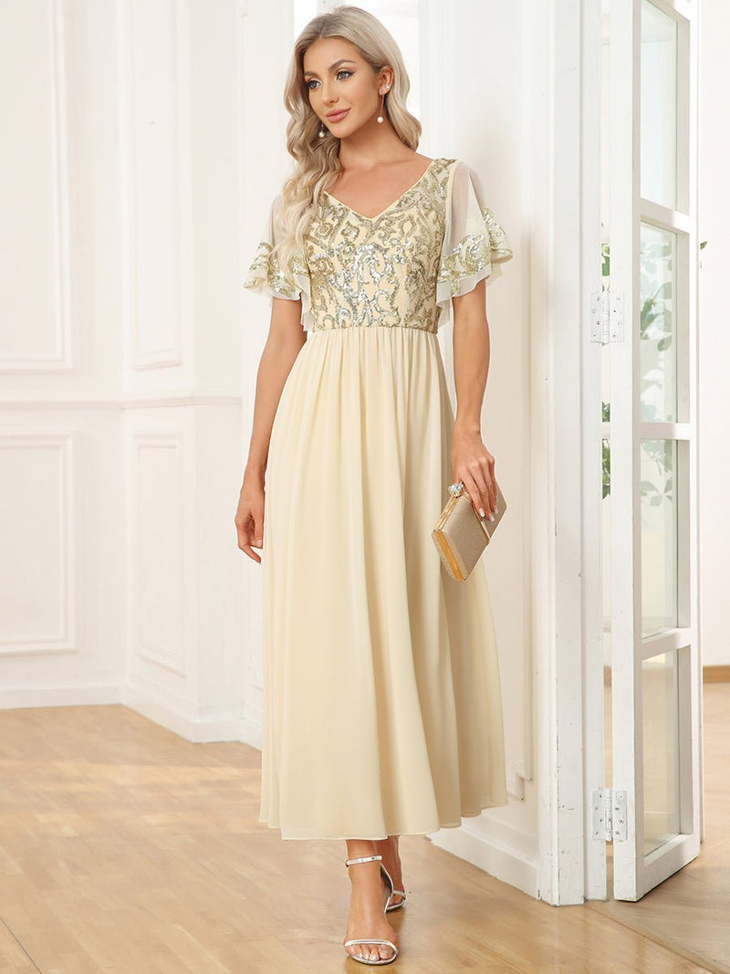 Virginia ankle length dress in light gold Express NZ wide - Bay Bridal and Ball Gowns